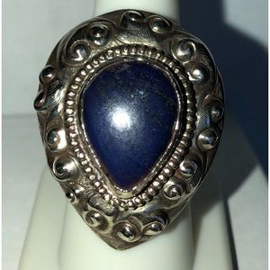Tibetan Lapis Pear Cut Gemstone in Sterling & Other Silver Metals Ring
